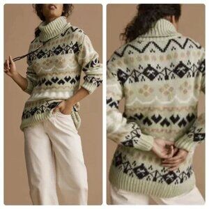 Anthropologie Fair Isle Nordic Mint Green Chunky Oversized Tunic Sweater XL Boho
